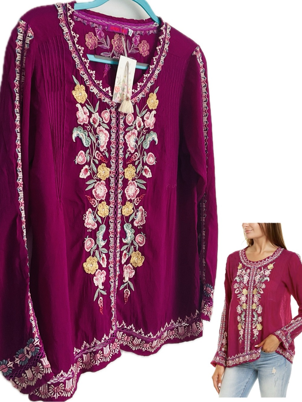 Johnny Was Audrey Embroidered Tunic Blouse Magenta Pink Size Medium NWT